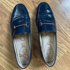 Sam Edelman Navy Patent Leather Loafers with Gold Hardware